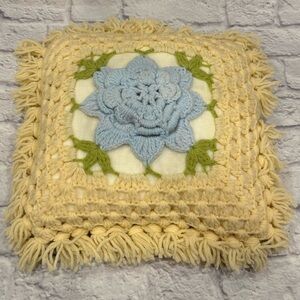Crocheted Throw Pillow Blue Flower Fringe Hand Knit Vintage Decor Granny Square